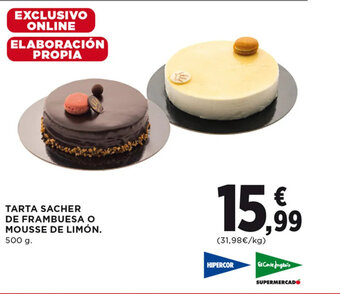 Hipercor TARTA SACHER DE FRAMBUESA O MOUSSE DE LIMÓN. 500 g. oferta