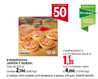 Hipercor 9 MINIPIZZAS JAMÓN Y QUESO Caja de 270 g. oferta
