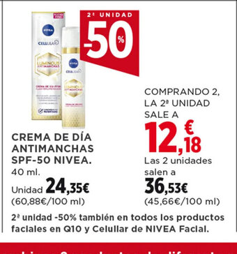 Hipercor CREMA DE DÍA ANTIMANCHAS SPF-50 NIVEA. 40 ml. oferta