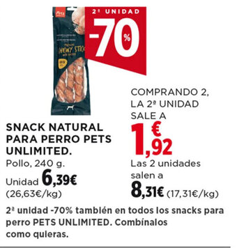 Hipercor SNACK NATURAL PARA PERRO PETS UNLIMITED Pollo, 240 g. oferta