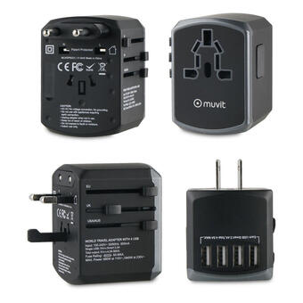Decathlon Adaptador de viaje muvit universal (eu,uk,us,au) 4usb 5v 4,5a negro gris oferta