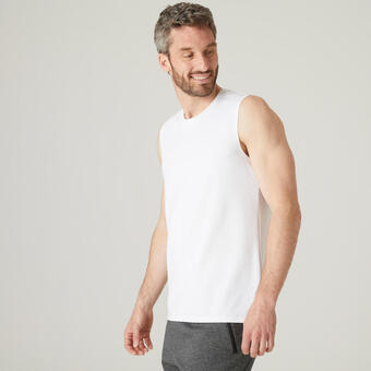 Decathlon Camiseta fitness sin mangas cuello redondo algodón hombre domyos 500 blanco oferta