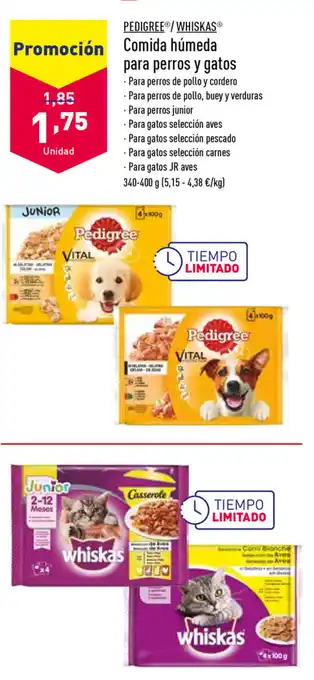 ALDI Pedigree / Whiskas Comida húmeda para perros y gatos 340-400g oferta