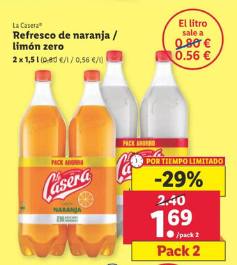 Lidl La Casera Refresco de naranja / limón zero oferta