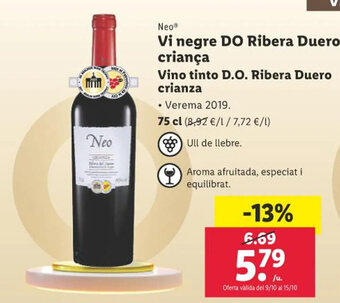 Lidl Vi negre DO Ribera Duero criança Vino tinto D.O.Ribera Duero crianza oferta