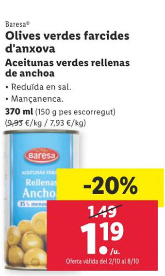 Lidl Olives verdes farcides d'anxova Aceitunas verdes rellenas de anchoa oferta