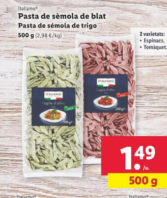 Lidl Pasta de sèmola de blat Pasta de sémola de trigo 500 g (2,98 €/kg) oferta