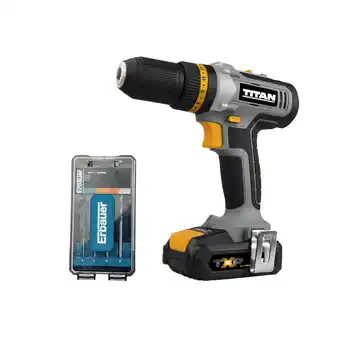 Brico Depôt Set taladro percutor 18 v batería 2 ah titan y regalo pack 4 brocas erbauer oferta