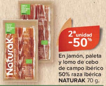 Carrefour En jamón, paleta y lomo de cebo de campo ibérico 50% raza ibérica NATURAK 70 g. oferta