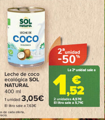 Carrefour Leche de coco ecológica SOL NATURAL 400 ml oferta