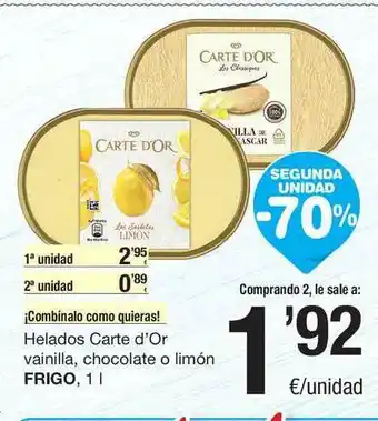 SPAR Fragadis Helados Carte D'or Vainilla, Chocolate O Limón Frigo 1l oferta