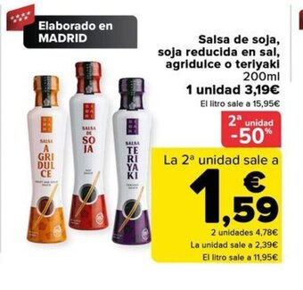 Carrefour Salsa de soja, soja reducida en sal, agridulce o teriyaki 200ml oferta