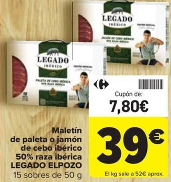 Carrefour Maletín de paleta o jamón de cebo ibérico 50% raza ibérica LEGADO ELPOZO 15 sobres de 50 g oferta