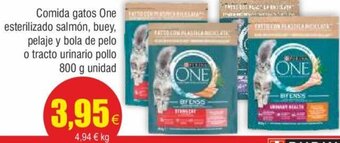 FROIZ Comida gatos One esterilizado salmón, buey, pelaje y bola de pelo o tracto urinario pollo 800 g unidad oferta