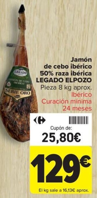 Carrefour Market Jamón de cebo ibérico 50% raza ibérica LEGADO ELPOZO oferta