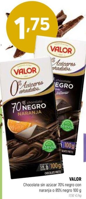 Coviran VALOR Chocolate sin azúcar 70% negro con naranja o 85% negro 100 g oferta