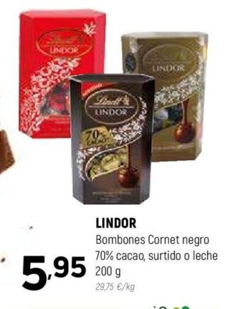 Coviran LINDOR Bombones Cornet negro 70% cacao, surtido o leche 200 g 29,75 €/kg oferta