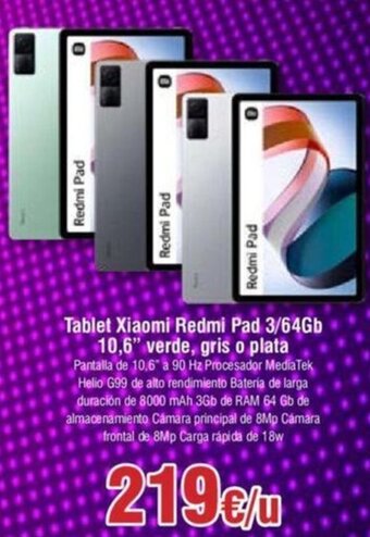FROIZ Tablet Xiaomi Redmi Pad 3/64Gb 10,6" verde, gris o plata oferta
