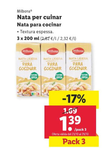 Lidl Nata per cuinar Nata para cocinar oferta