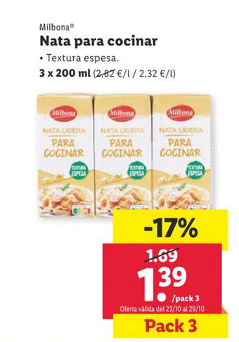 Lidl Milbona Nata para cocinar oferta