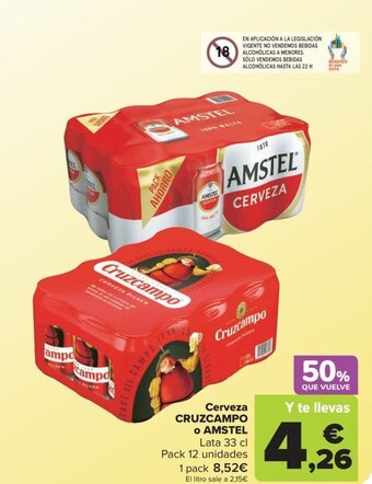 Carrefour Cerveza CRUZCAMPO o AMSTEL oferta