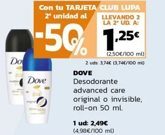Supermercados Lupa DOVE Desodorante advanced care original o invisible, roll-on 50 ml. oferta