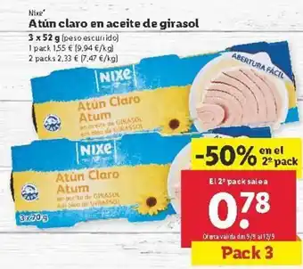 Lidl Nixe Atún claro en aceite de girasol 3 x 52g oferta