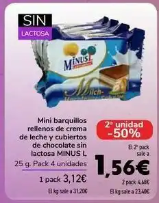 Carrefour Mini barquillos relleno de crema de leche y cubiertos de chocolate sin lactosa minus l oferta