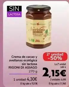 Carrefour Crema de cacao y avellanas ecológica sin lactosa rigoni di asiago oferta