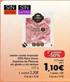 Carrefour Jamón cocido braseado 50% raza duroc supreme de placeres sin gluten y sin lactosa oferta