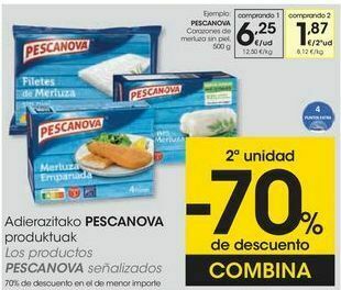 Eroski Pescanova corazones de merluza sin piel oferta
