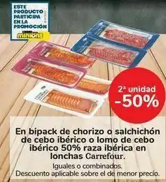 Carrefour En bipack de chorizo o salchichón de cebo ibérico o lomo de cebo ibérico 5'% raza ibérica en lonchas carrefour oferta