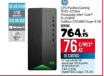 Carrefour Hp Cpu Pavilion Gaming Tg01-1016ns Procesador Intel Core I5-10400f Gráficos Gtx 1660 Super 6 Gb oferta