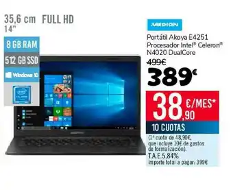 Carrefour Medion Portátil Akoya E4251 Procesador Intel Celeron N4020 Dualcore oferta