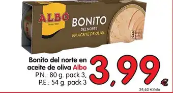 Alimerka Albo Bonito del norte en aceite de oliva, P.N.: 80 g. pack 3, P.E.: 54 g. pack 3 oferta