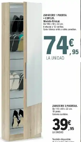 E.Leclerc Zapatero 1 Puerta+ Espejo Modelo Kristal 180x50x22cm oferta