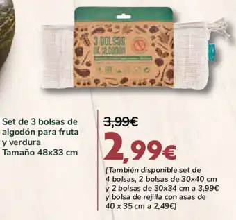 Carrefour Set de 3 bolsas de algodón para fruta y verdura tamaño 48x33cm oferta