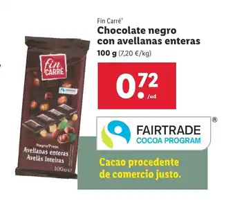 Lidl Fin Carré Chocolate negro con avellanas enteras 100 g oferta