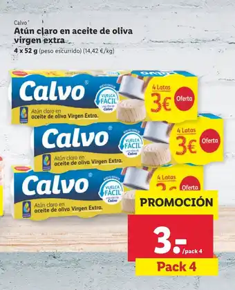 Lidl Calvo Atún claro en aceite de oliva virgen extra 4 x 52 g oferta