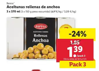 Lidl Baresa Aceitunas rellenas de anchoa 3 x 370 ml oferta