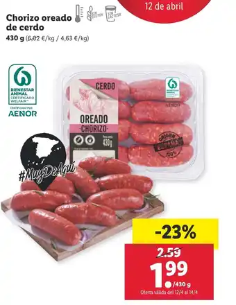 Lidl Chorizo oreado de cerdo 430 g oferta