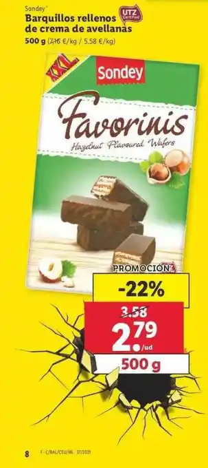 Lidl Sondey Barquillos Rellenos De Crema De Avellanas oferta