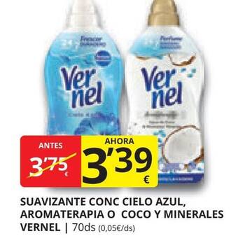Supermercados MAS SUAVIZANTE CONC CIELO AZUL, AROMATERAPIA O COCO Y MINERALES VERNEL oferta