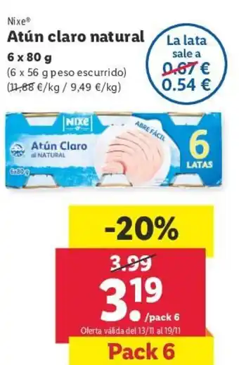 Lidl Nixe® Atún claro natural La lata oferta