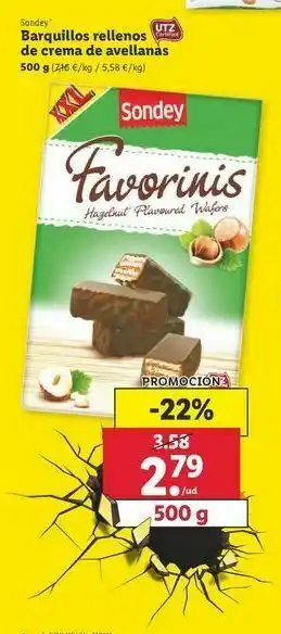 Lidl Barquillos rellenos de crema de avellanas sondey oferta
