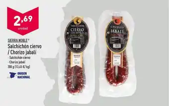 ALDI Siera Noble Salchichón Ciervo ∕ Chorizo Jabalí 200 g oferta