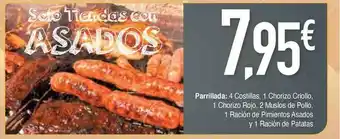 Parrillada: 4 Costillas, 1 Chorizo Criollo, 1 Chorizo Rojo, 2 Muslos De Pollo, 1 Ración De Pimientos Asados Y 1 Ración De Pat