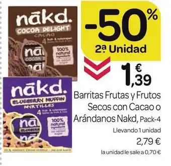 Supermercados El Jamón Nakd Barritas Frutas y Frutos Secos con Cacao o Arándanos, Pack-4 oferta
