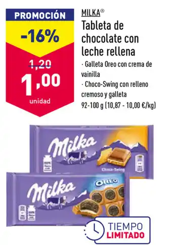 ALDI Milka Tableta de chocolate con leche rellena 92-100g oferta