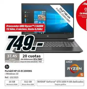 MediaMarkt HP Portátil Hp 15-EC2000NS oferta